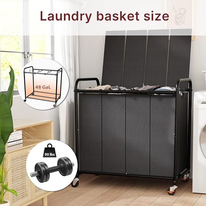 180L Laundry Sorter 4 Section – Heavy Duty Rolling Laundry Basket - Image 3