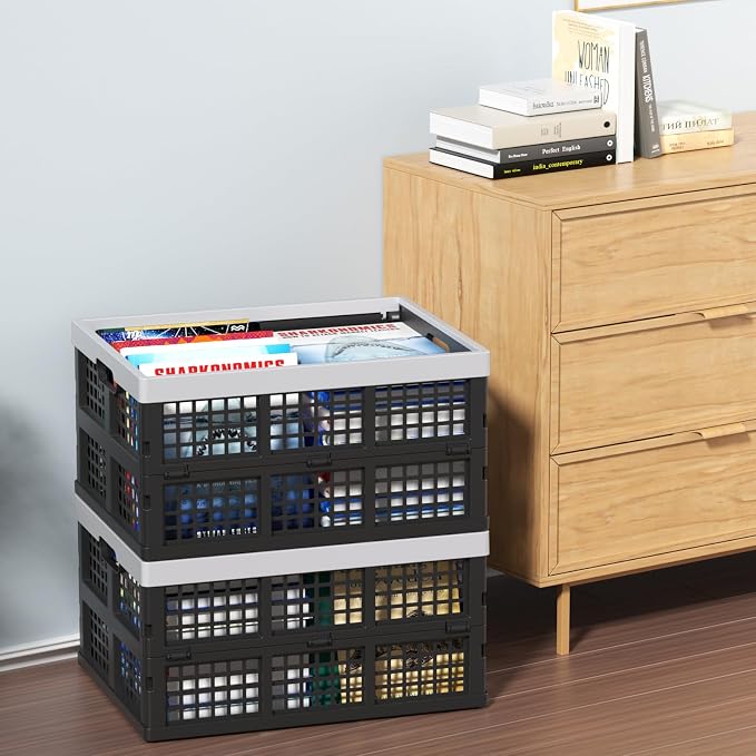 34 L Collapsible Storage Crate, Folding Plastic Crates, 4 Packs | Stackable - Image 2
