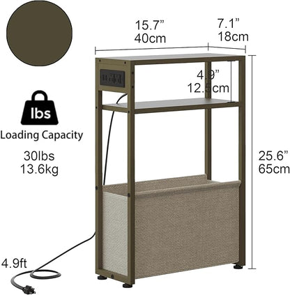 Green Side Table with Charging Station, Slim End Tables with Linen Basket - Image 2