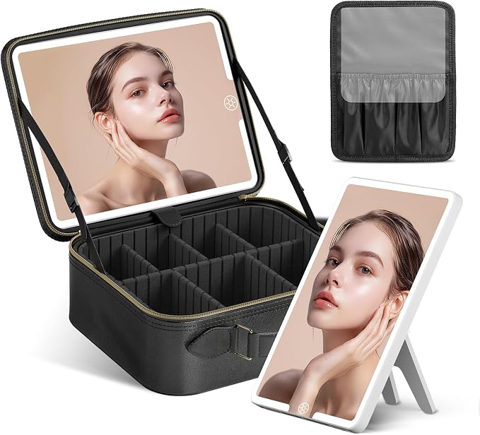 JUSRON Travel Makeup Bag With LED Mirror, Cosmetic Train Case with Light up by JUSRON