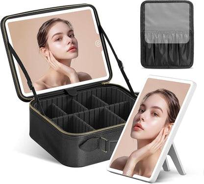 JUSRON Travel Makeup Bag With LED Mirror, Cosmetic Train Case with Light up by JUSRON