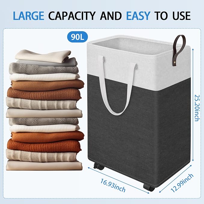 HomeHacks Laundry Basket with Wheels, Rolling Laundry Hamper, Collapsible & - Image 2