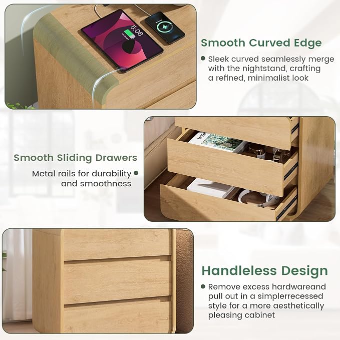 Modern Nightstand, 3 Drawers Dresser Side Table, Large End Table Night Stand - Image 7