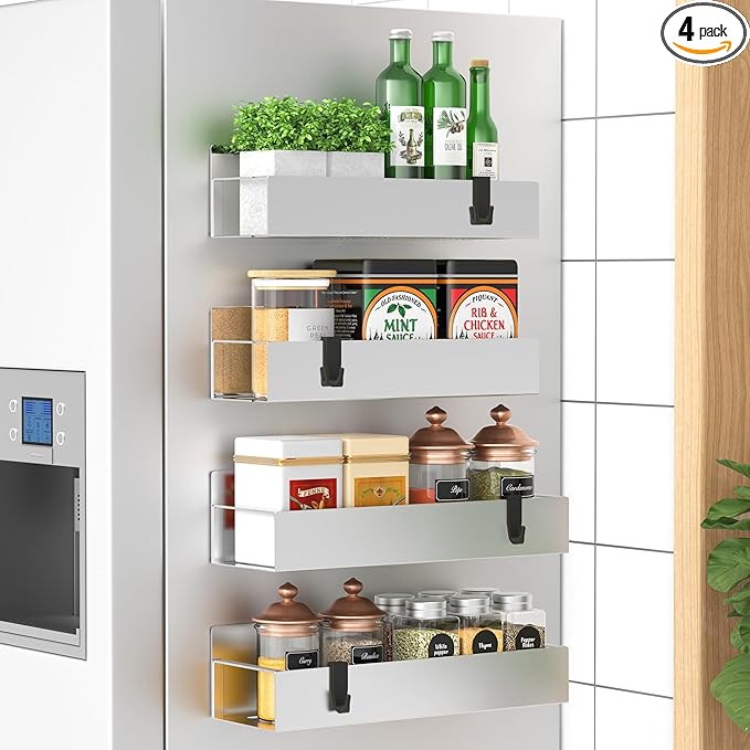 Metal Magnetic Spice Rack for Refrigerator Silver, 4 Pack | Magnetic Shelves by HuggieGems