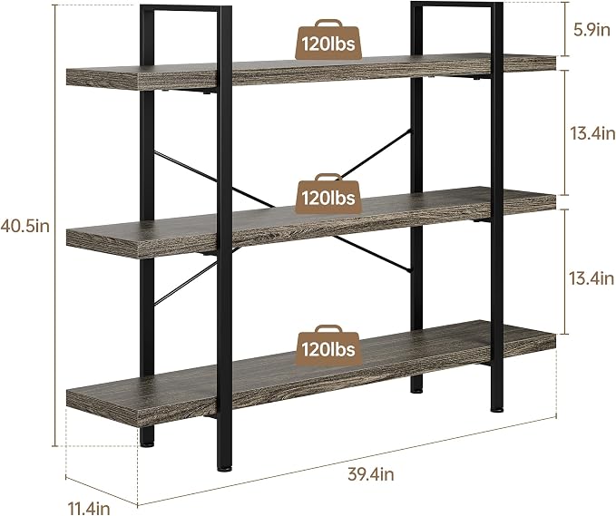 Heavy Duty 3-Tier Industrial Bookcase, 120lbs Shelf Capacity, Rustic Shelving - Image 2