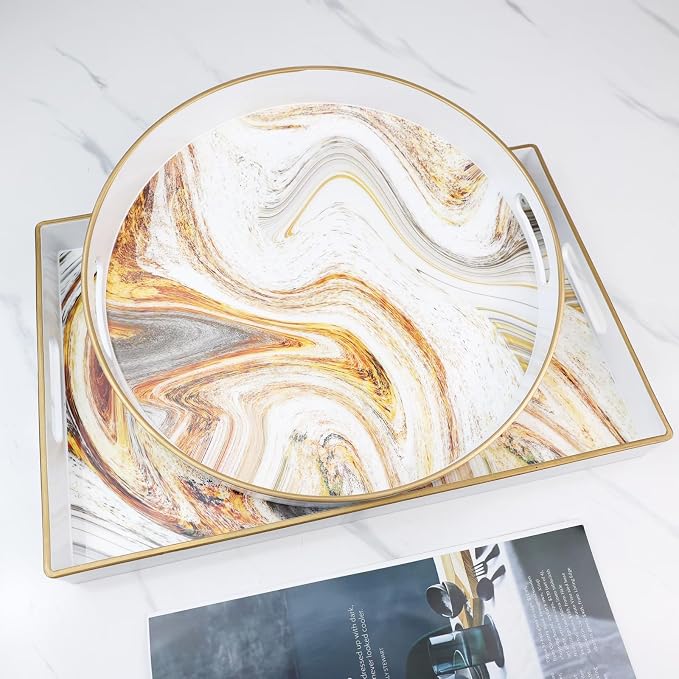 Round White Marbling Decorative Tray - Image 5