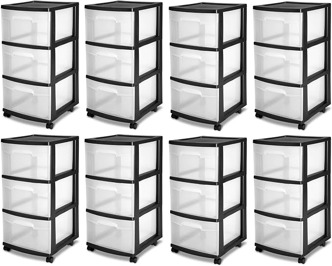Sterilite 8 Pack Plastic Storage Organizer, 3 Drawer Rolling Bin Cart, Closet by Sterilite