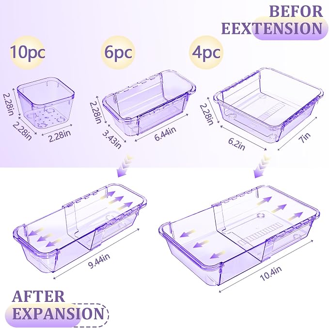 20 Pcs Adjustable Clear Drawer Organizer, Extendable Vanity Storage Bins - Image 2