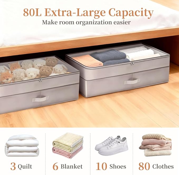 2 Pack 80L Under Bed Storage, Adjustable Height Large Storage Bins - Image 2