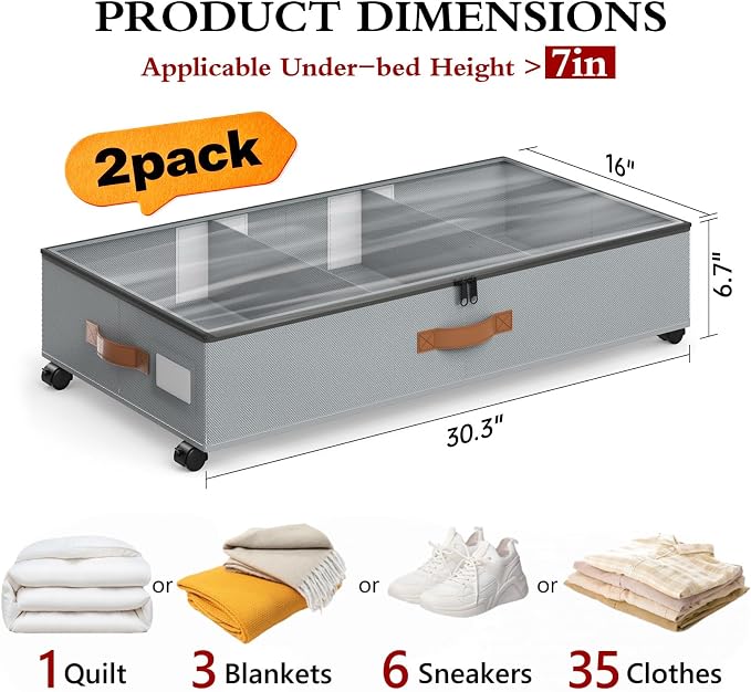 Yecaye Under Bed Storage with Wheels, 2 Pack Under Bed Storage Containers with - Image 4