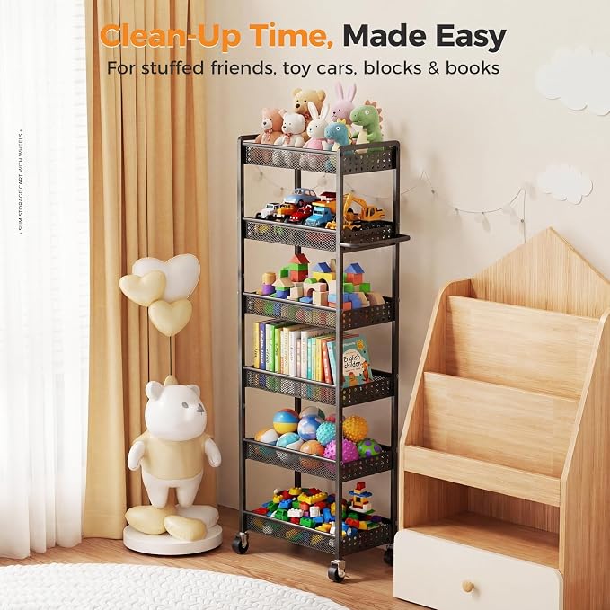 6 Tier Slim Storage Cart with Wheels, Metal Narrow Spice Cabinet Mobile - Image 7