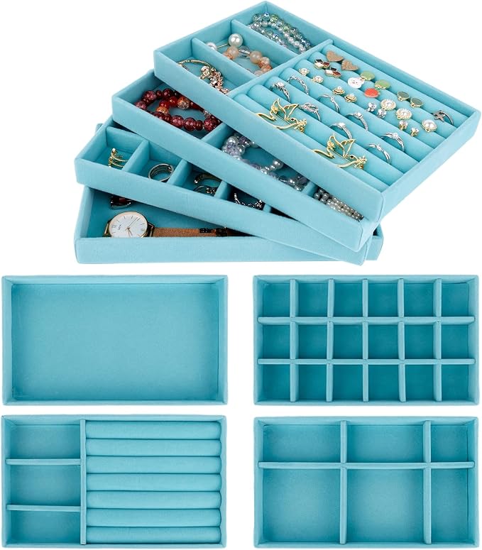 Framendino, 4 Pack Blue Velvet Jewelry Trays Stackable Organizer Drawer Inserts - Image 8