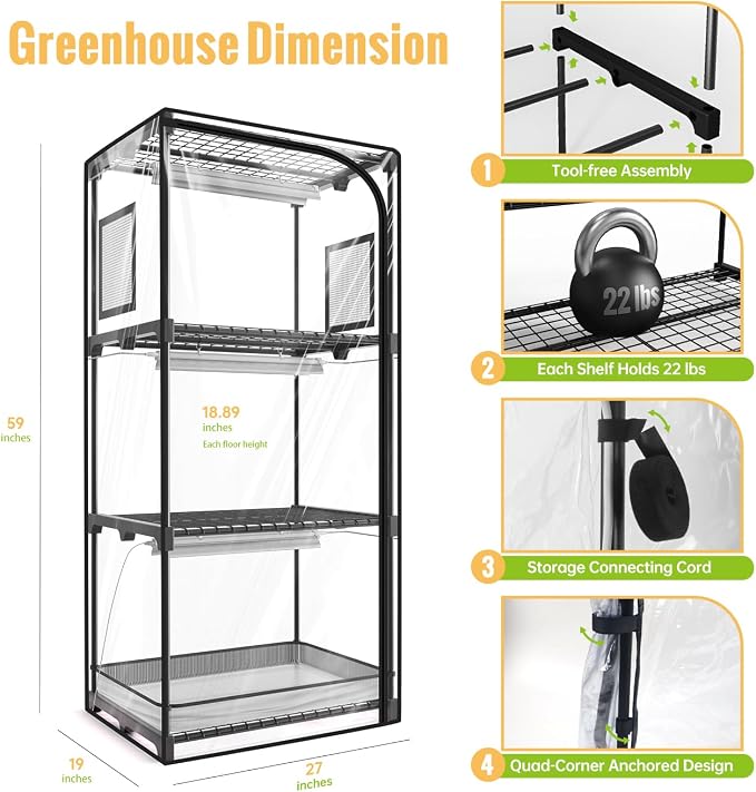 Indoor Greenhouse with Grow Light, 4-Tier Plant Stand with Zippered PVC Tent - Image 7