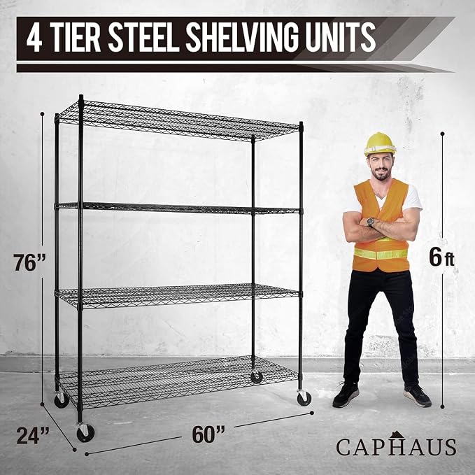 CAPHAUS 4-Tier Commercial Grade Heavy Duty Adjustable Height Wire Shelving - Image 3