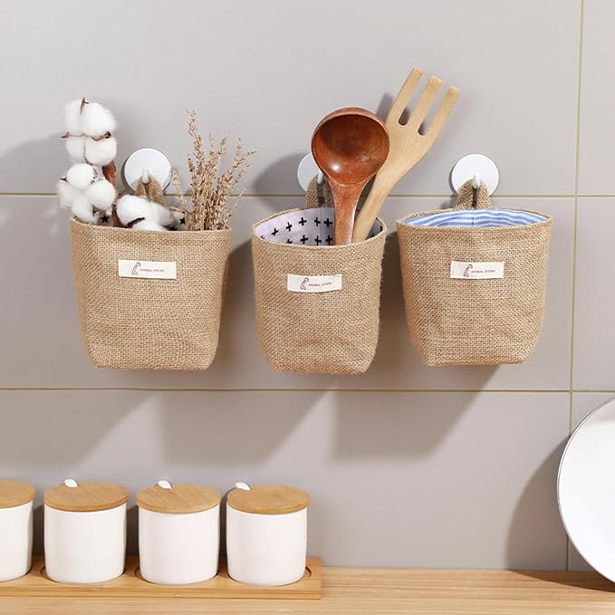 3 PCS Mini Hanging Storage Bag Cotton Linen Small Storage Basket Wall Hanging - Image 4