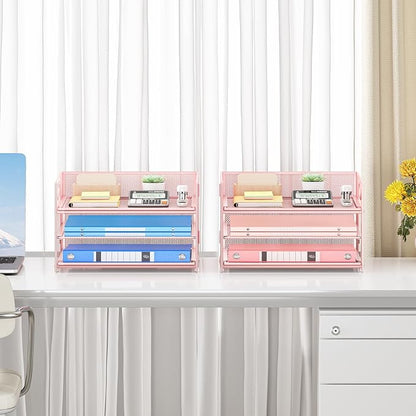 Subekyu 2-Pack 3-Tier Pink Metal Mesh Desk Paper Letter Tray & File Sorter - Image 6
