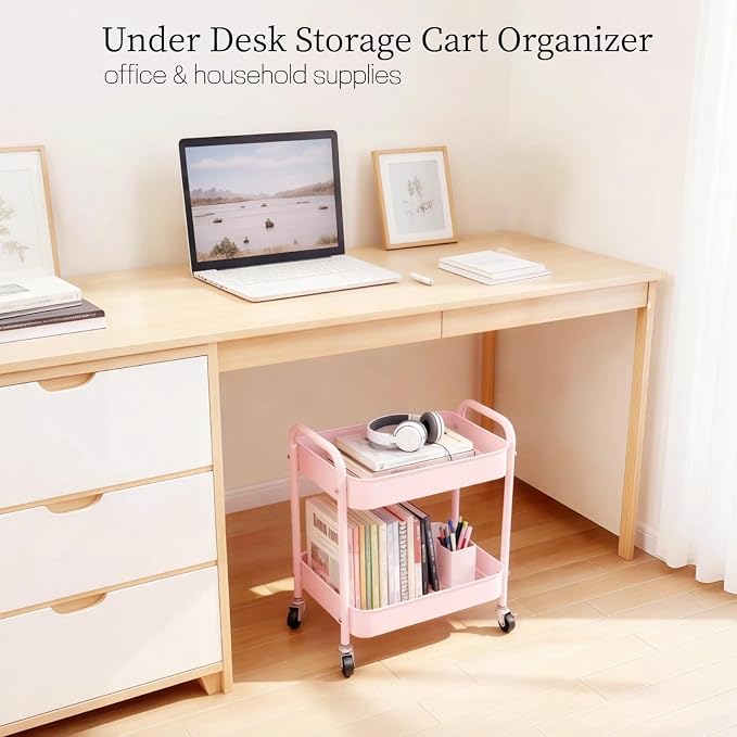 Pink 2 Tier Rolling Cart Metal - Image 2