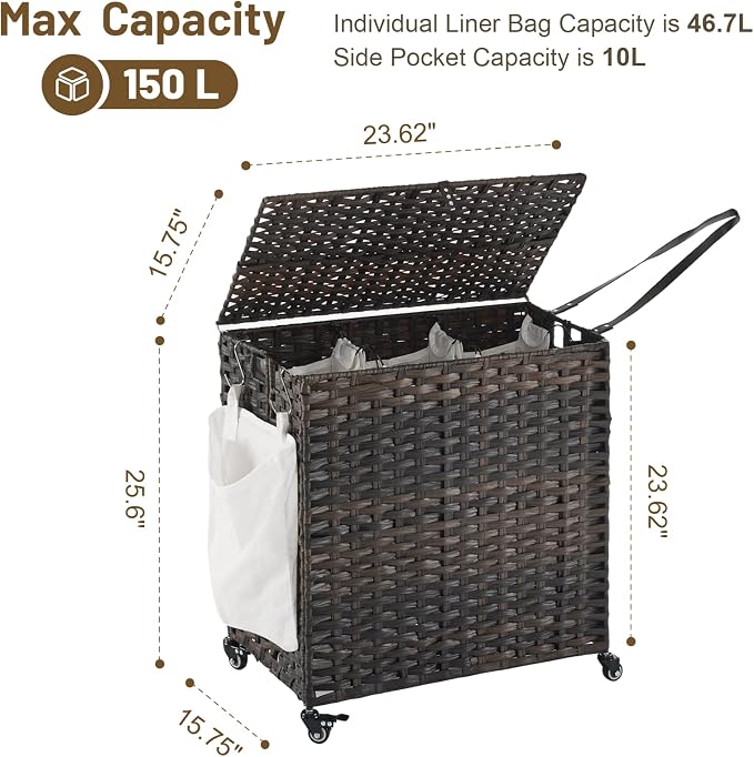 Laundry Hamper with Wheels, 39.6 Gallon Rolling Laundry Basket with Lid - Image 4