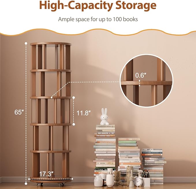 Solid Wood Rotating Bookshelf on Wheels, 5 Tier, Round Revolving Bookcase - Image 2