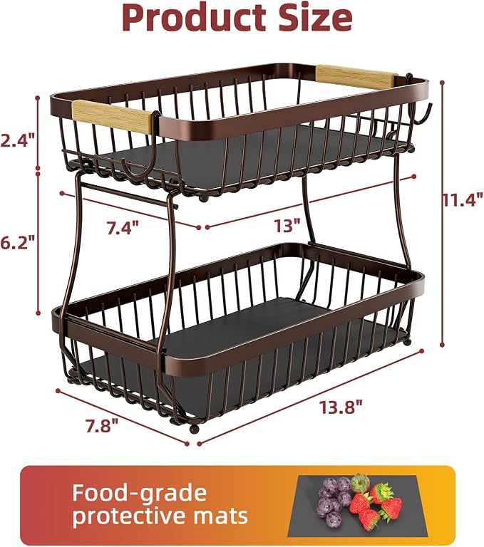 2-Tier Fruit Basket with Banana Hangers, Detachable Metal Bowl - Image 7