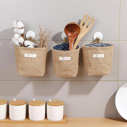 3 PCS Mini Hanging Storage Bag Cotton Linen Small Storage Basket Wall Hanging - Image 5