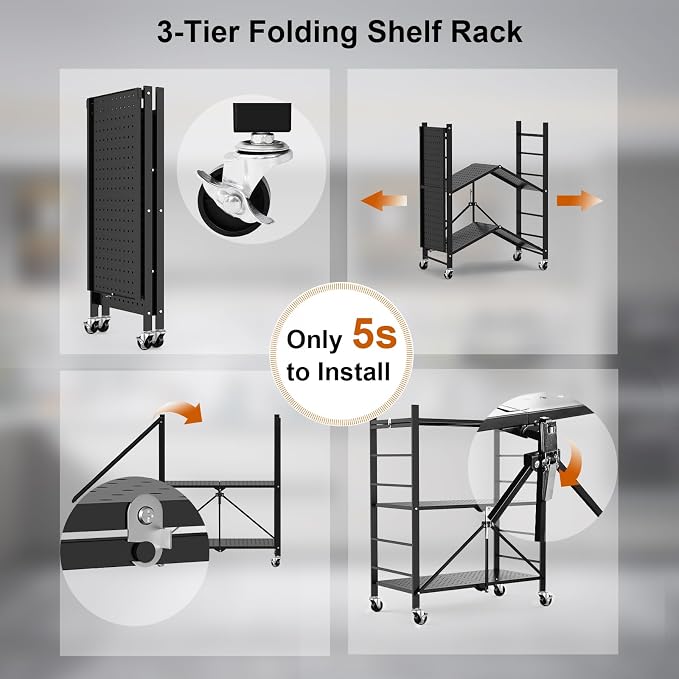 Himix Storage Shelves with 6 Hooks, 3 Tier Foldable Shelf with Wheels, Metal - Image 5