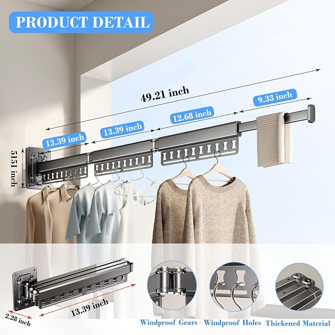 Clothes Drying Rack Wall-Mounted, 3-Fold Retractable Clothes Hanger - Image 2