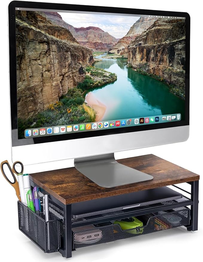 ARCOBIS Monitor Riser with Drawers and Pen Holders, Wood & Mesh Metal Computer by ARCOBIS
