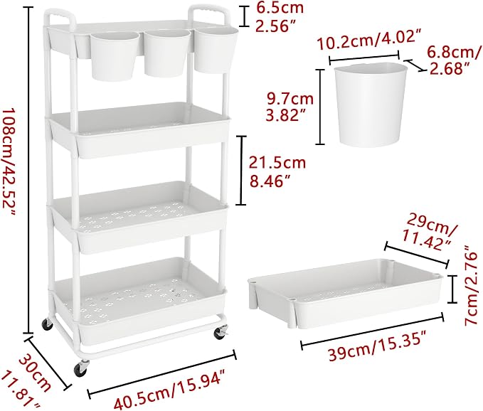 JIUYOTREE 4-Tier Plastic Rolling Storage Cart Utility Cart - Image 2