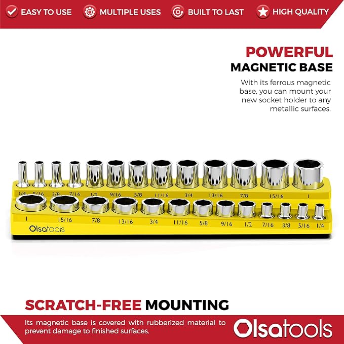 Olsa Tools Magnetic Socket Organizer | 3/8-inch Drive | SAE | Yellow | Holds 16 - Image 4