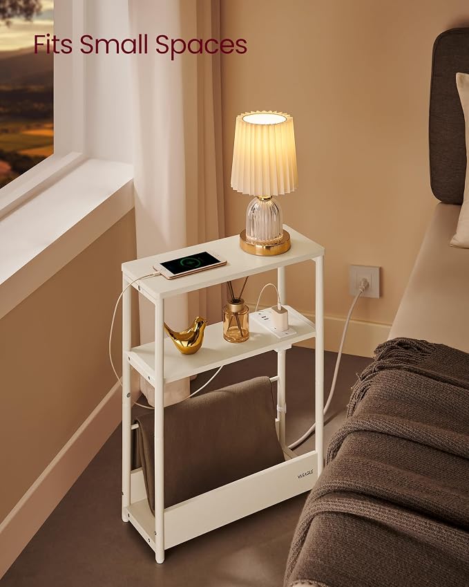 VASAGLE Side Table with Charging Station, Narrow End Table, 3-Tier Nightstand - Image 4