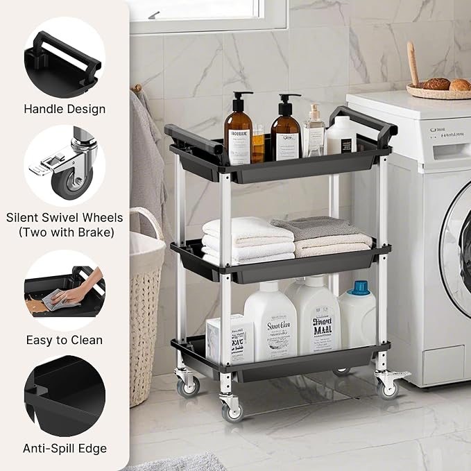 3 Tier Rolling Cart, Plastic Utility Cart - Image 2