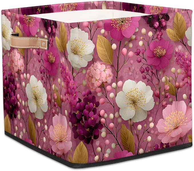 TropicalLife 13x13x13 Inch Large Fabric Storage Cube Pink Floral Print Foldable by TropicalLife