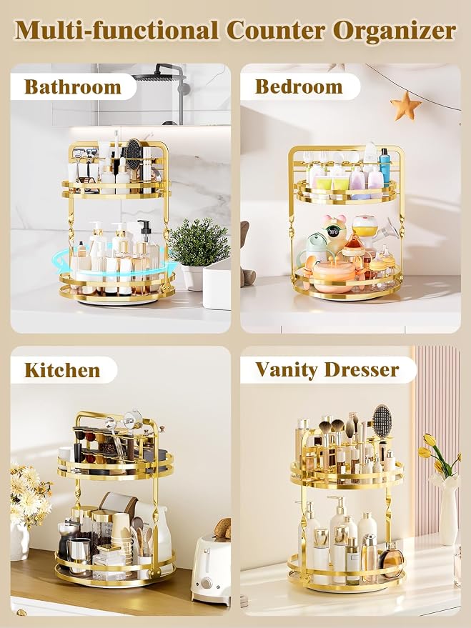 360° Rotating Makeup Organizer, 2-Tier Gold Perfume Organizer - Image 5