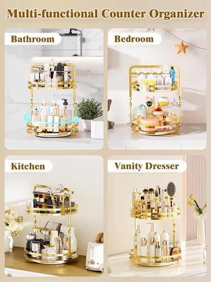 360° Rotating Makeup Organizer, 2-Tier Gold Perfume Organizer - Image 5