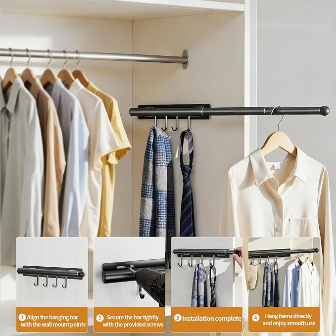 Lewondr 12" Valet Rod for Closet Pull Out, 1 Pack | Adjustable, Heavy Duty - Image 4