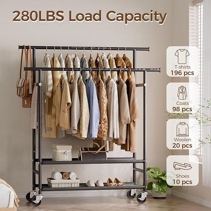 HYSEYY Clothes Rack, Double Rods Rolling Clothing Rack - Image 2