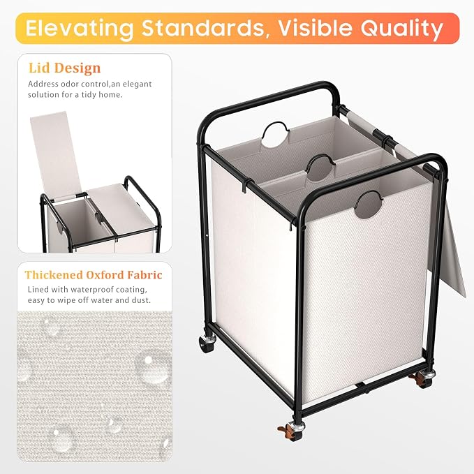 120L Laundry Sorter 2 Section, Rolling Laundry Basket - Image 4