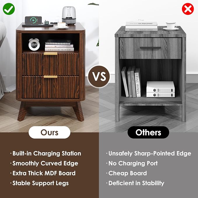 Nightstand with Charging Station, Fluted Nightstand with LED Lights, Modern - Image 6
