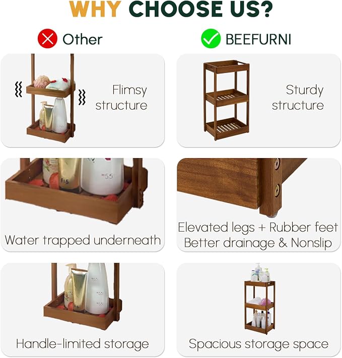 3-Tier Corner Standing Acacia Wood Shower Caddy Organizer | Freestanding corner - Image 8