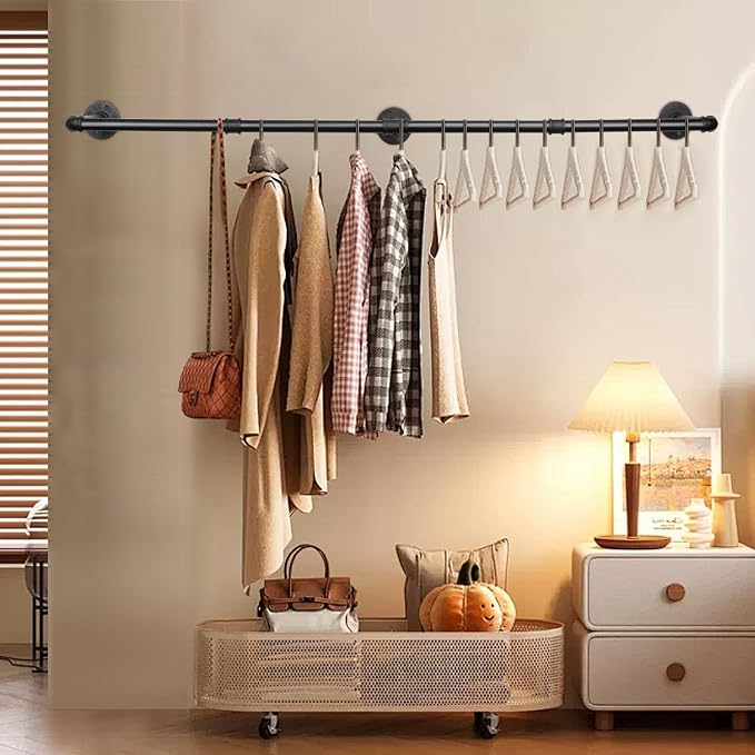Industrial Iron Pipe Clothes Hanging Bar DIY Wall-Mounted Garment Rack Heavy - Image 5