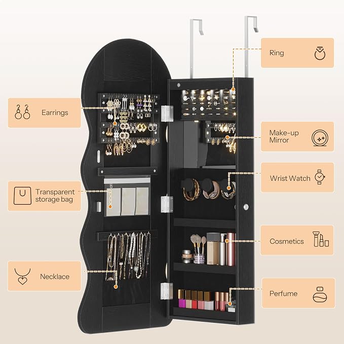 HOOBRO LED Mirror Jewelry Cabinet, Wall/Door Mounted Jewelry Organizer - Image 3