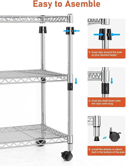 Simple Deluxe Heavy-Duty 3-Tier Rolling Shelving Unit, Adjustable Steel Wire - Image 6