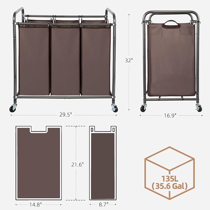 STORAGE MANIAC 3 Section Laundry Sorter, 35.9 Gal Laundry Hamper Cart - Image 3