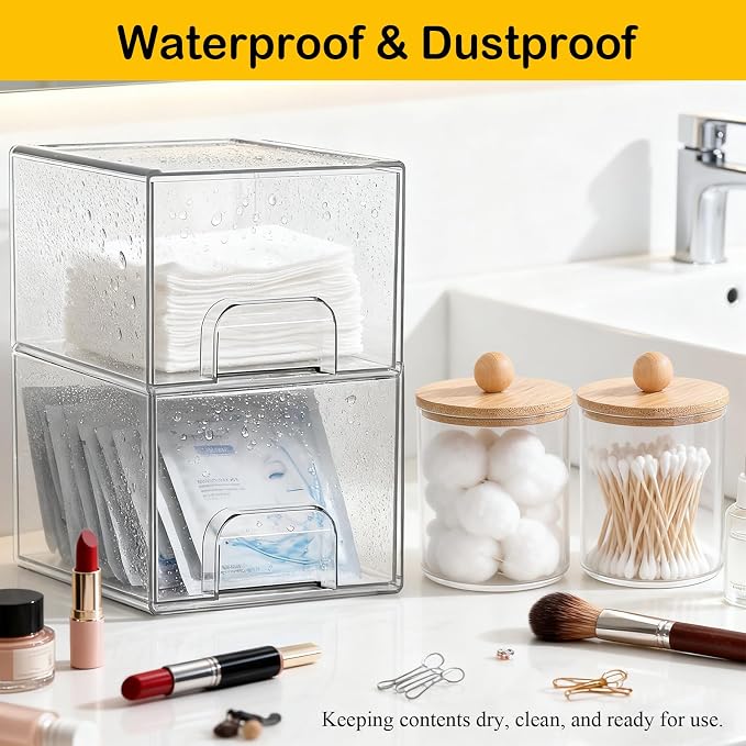 6 Pack Clear Stackable Storage Drawers & Qtip Holder Dispenser - Image 4