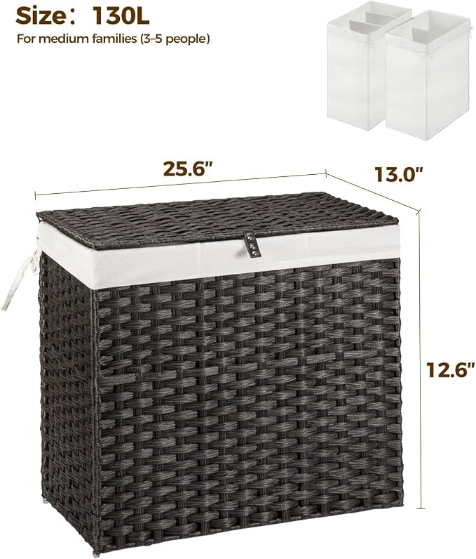 Greenstell Laundry Hamper with Wheels&Lid, 130L Large 3 Sections Clothes Hamper - Image 5