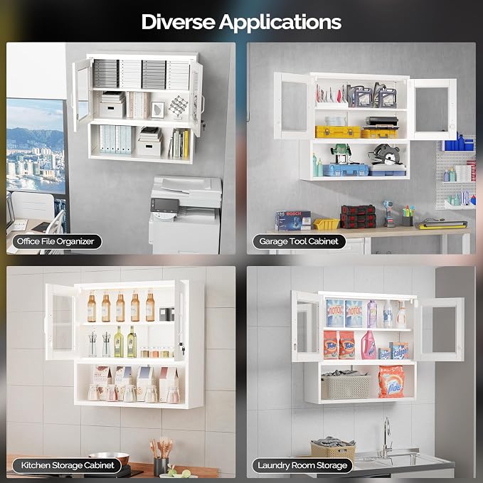 VINGLI Metal Wall Cabinet with Locking Glass Doors & Magnetic LED Sensor Light - Image 8