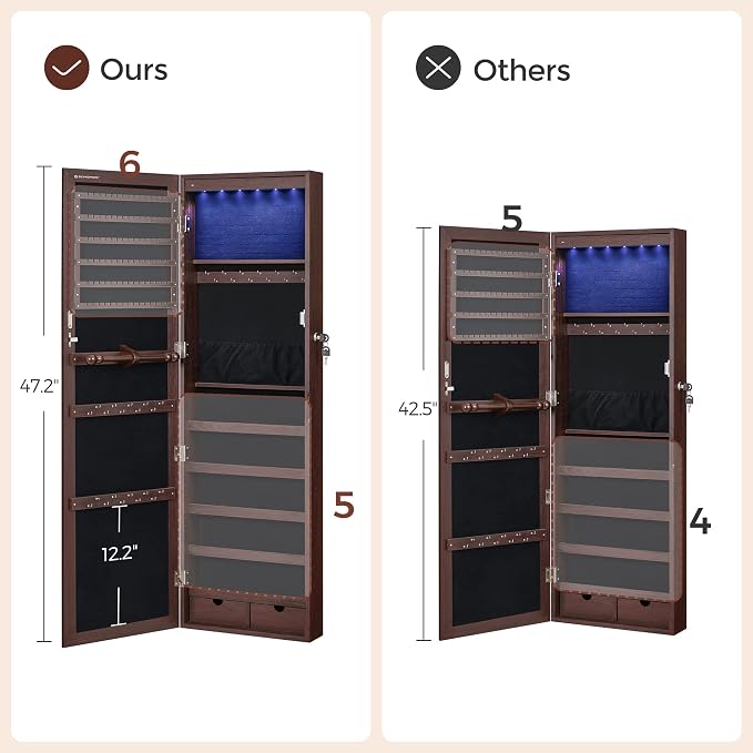 SONGMICS 6 LEDs Mirror Jewelry Cabinet, 47.2-Inch Tall Lockable Wall or Door - Image 7