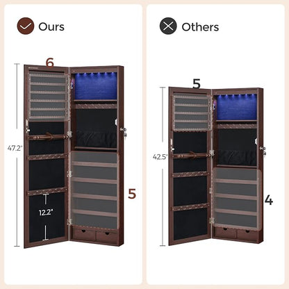SONGMICS 6 LEDs Mirror Jewelry Cabinet, 47.2-Inch Tall Lockable Wall or Door - Image 7