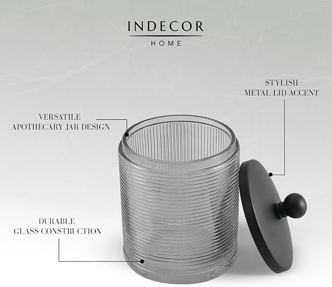 Gray Colored Tranlucent Apothecary Ribbed Geo Etched Glass Jar W/Matte Black - Image 6